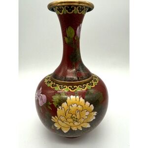 Vintage Jingfa Chinese Enamel on Brass Cloisonné‎ Red Floral Vase 8.25" Peony